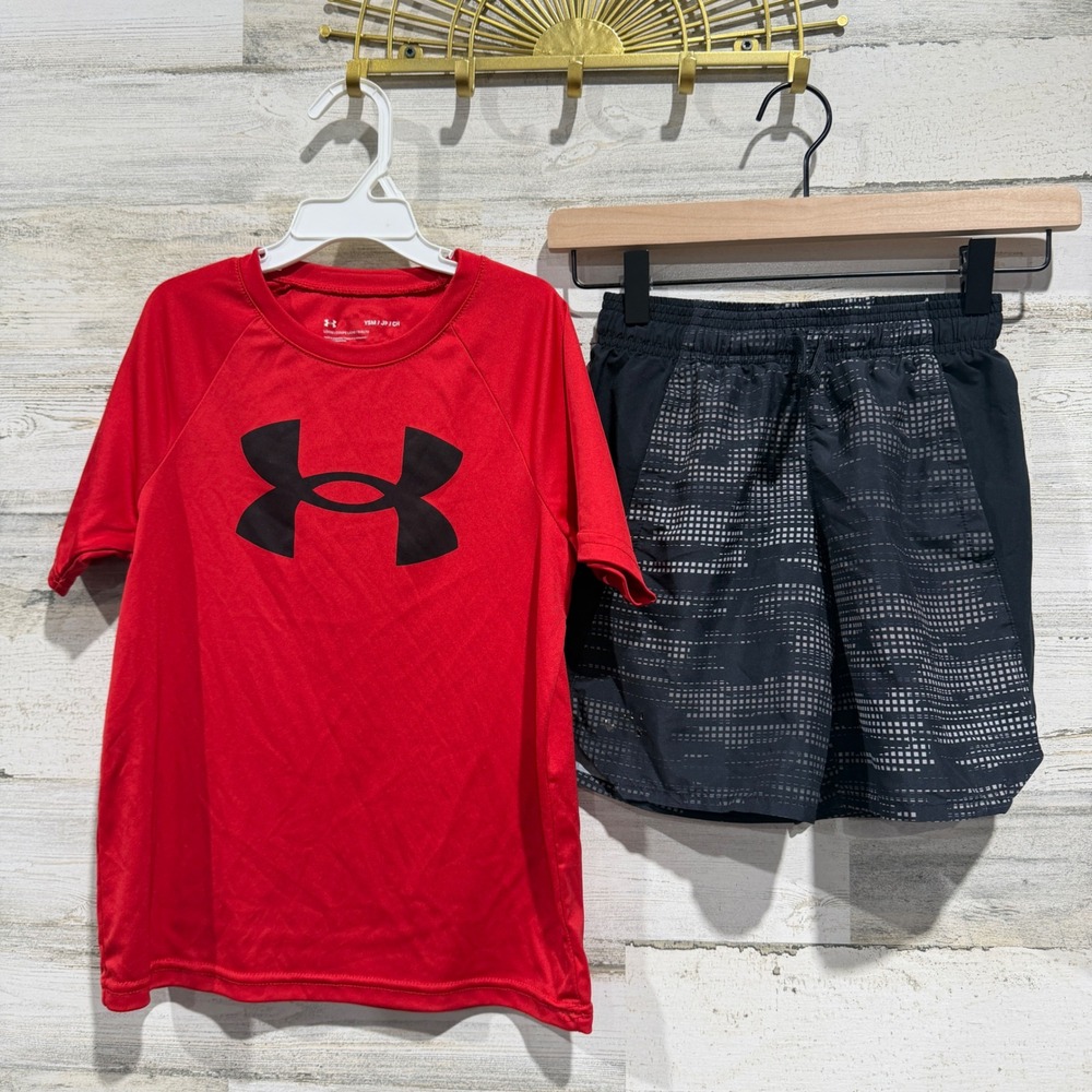 Under Armour Short Set Boys Small Red Black Logo Active *Flawed
